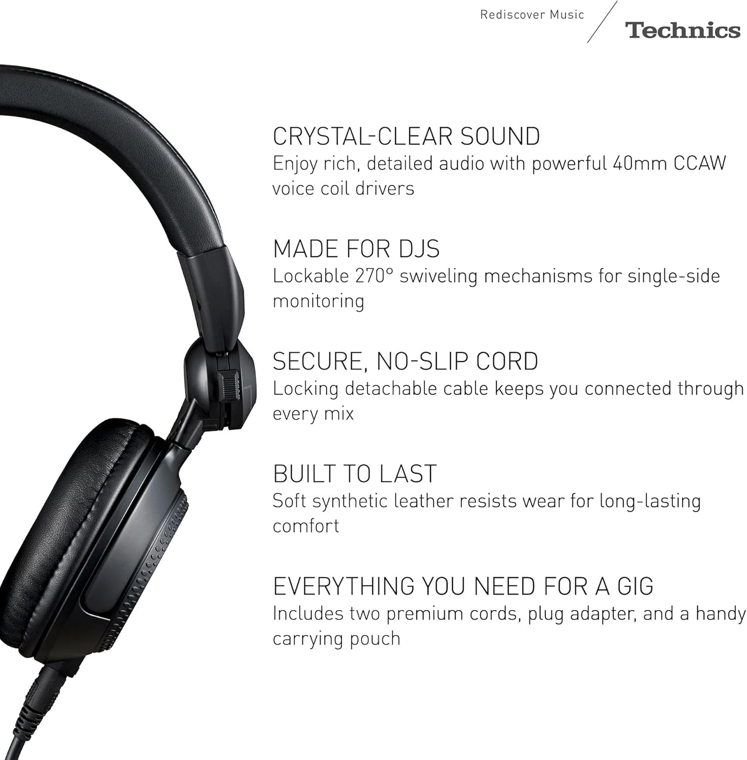 Professional DJ Headphones with 40Mm CCAW Voice Coil Drivers, 270° Swivel Housing and Locking Detachable Cord; Lightweight, Foldable High Input - EAH-DJ1200 (Black)