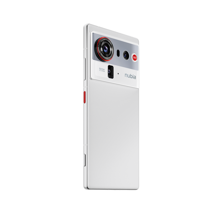 Smartphone Nubia blanco, trasera con gran cámara de anillo rojo y texto 50X.