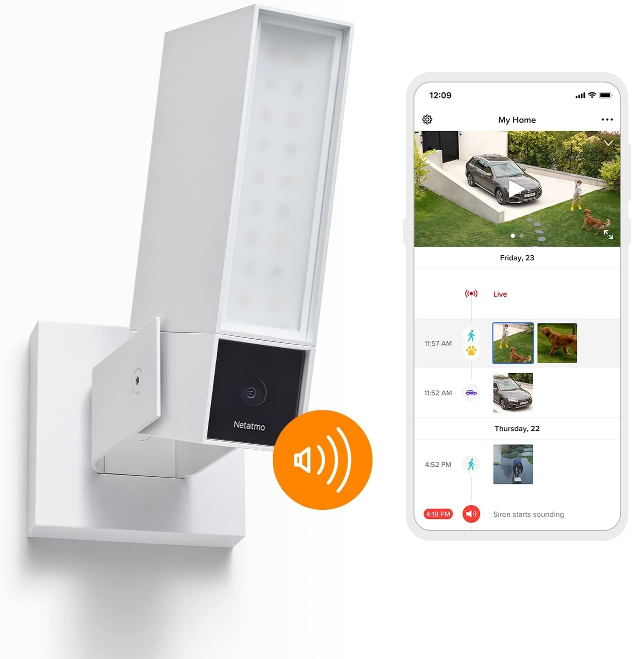 Smart Outdoor Security Camera with 105-Db Siren & Wifi | Sends Alerts to Your Smartphone | Floodlight & Movement Detection | Night Vision | Security without Monthly Fees (White)