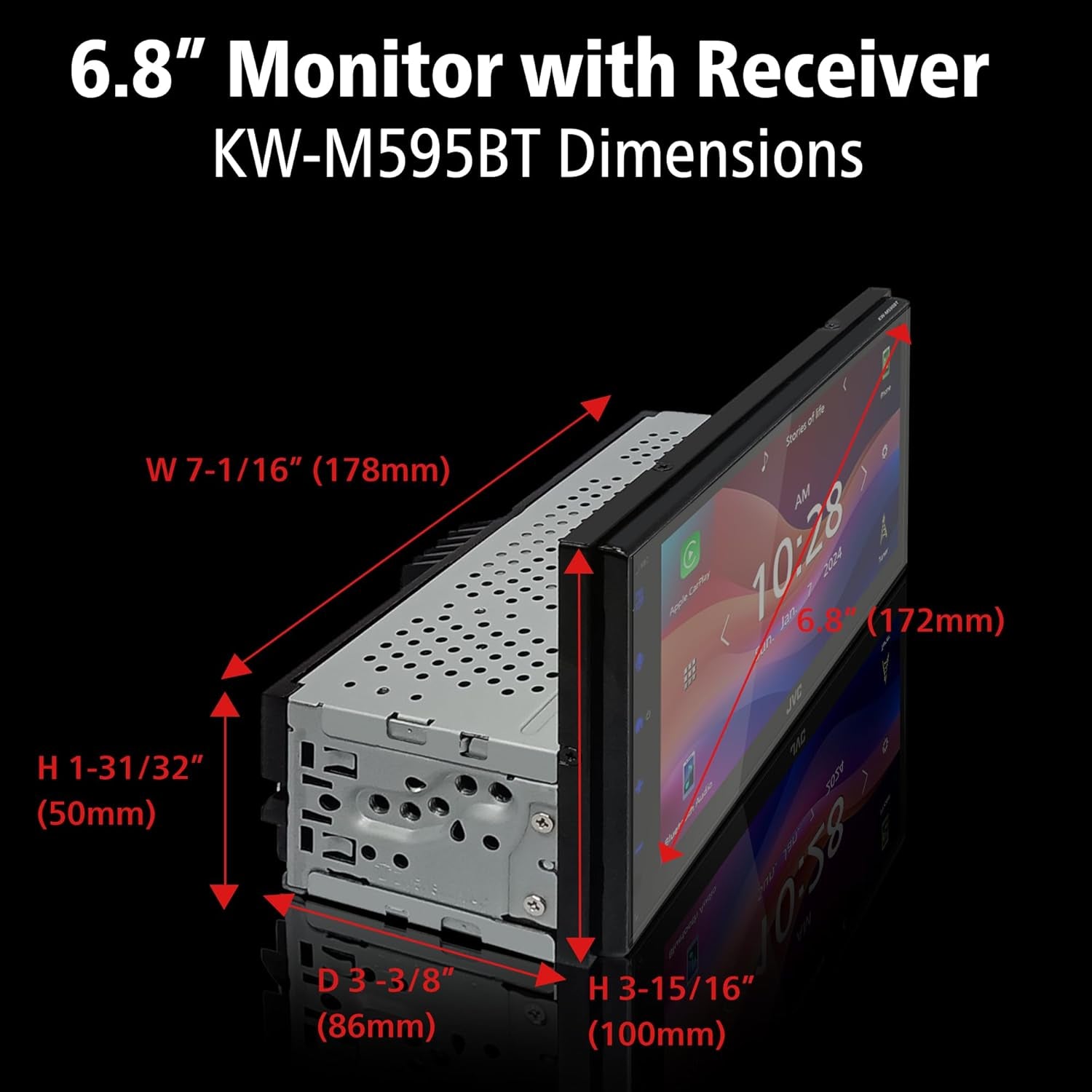 KW-M595BT Digital Car Stereo (50W X 6-Ch), Apple Carplay & Android Auto Compatible, Bluetooth-Enabled Head Unit with 6.8" LCD Display, Single DIN Touchscreen Car Stereo with USB Mirroring