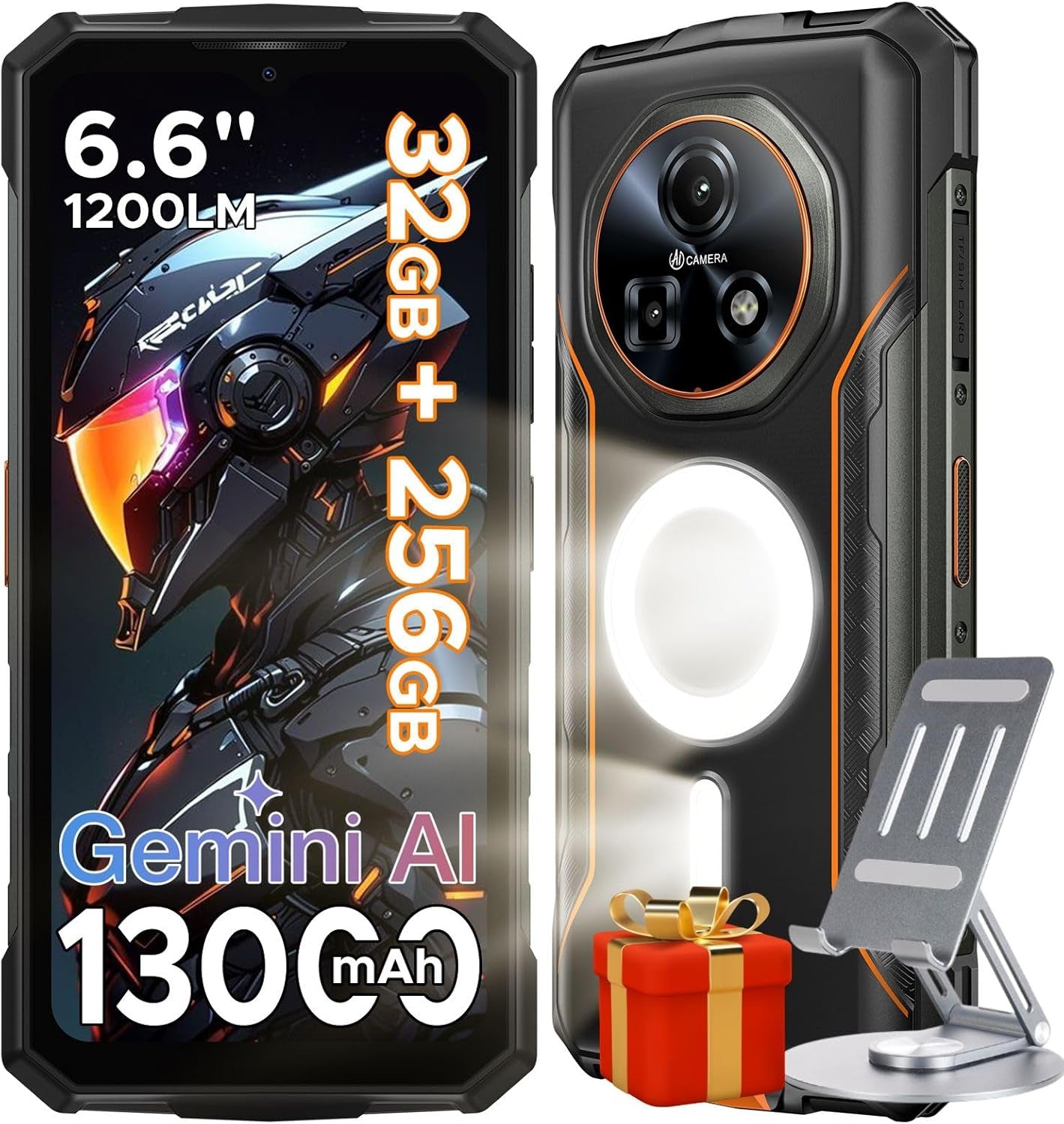 Fire 5 Ultra Rugged Phone,Dual Camping Lights,13000Mah,32Gb+256Gb/2Tb, Android 15 with Gemini AI Rugged Smartphone,Helio G81 Octa Core , 48Mp+8Mp,6.6"Hd+90Hz, IP68/IP69K, 4G LTE/NFC/3 Card Slot