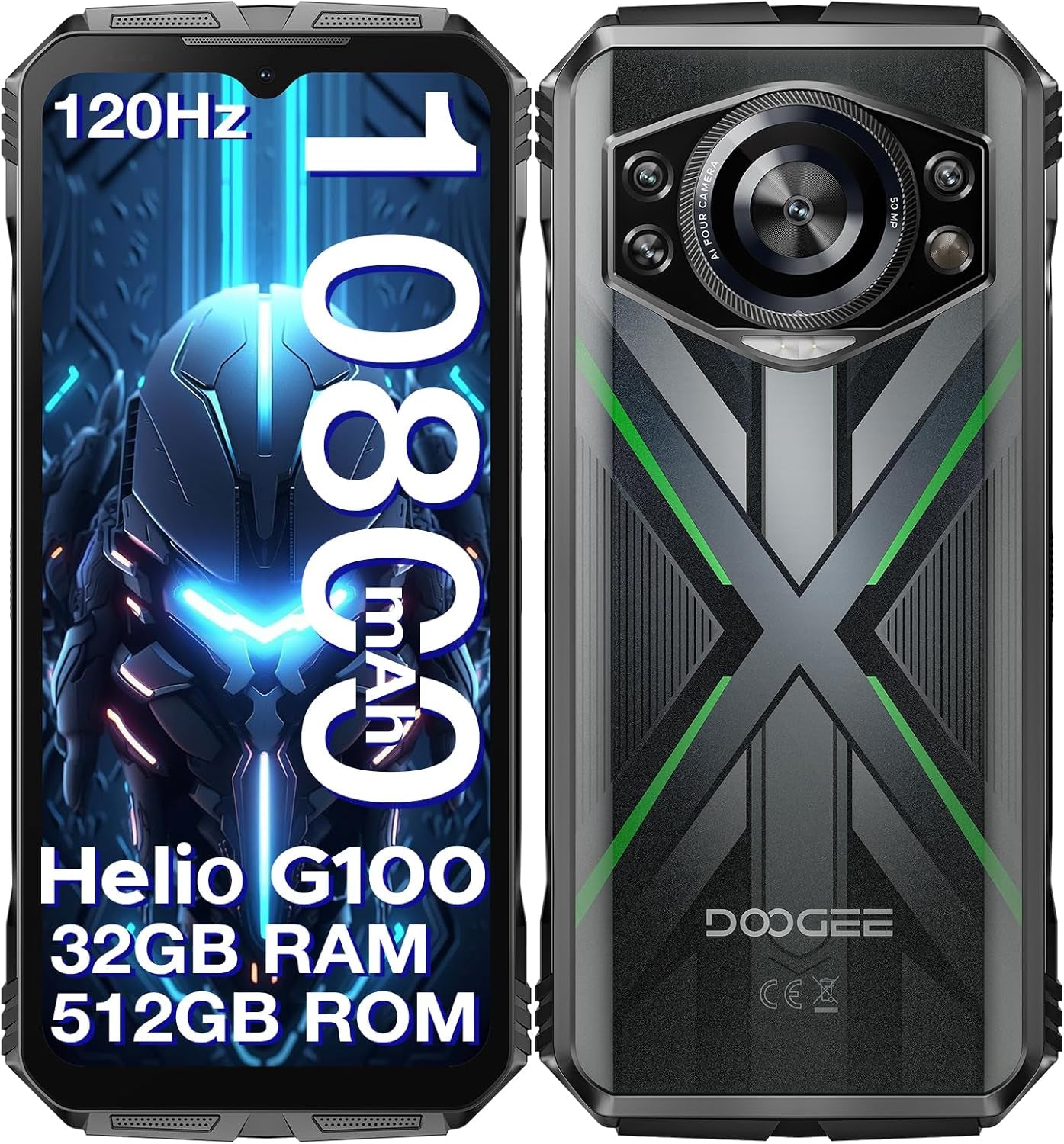 S Cyber Pro Rugged Phone, 10800Mah Android 14 Rugged Smartphone, 32GB+512GB, Helio G100 Octa Core Gaming Phones, 6.6" FHD+ 120Hz IPS Waterdrop Screen, 4G Dual SIM Mobile Phone, Green