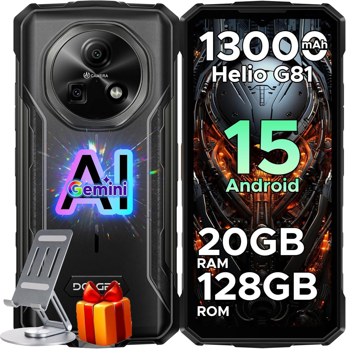 DOOGEE Fire 5 Pro Version Global - Celular Indestructible con Batería 13000mAh | 20GB RAM y 128GB - Gris