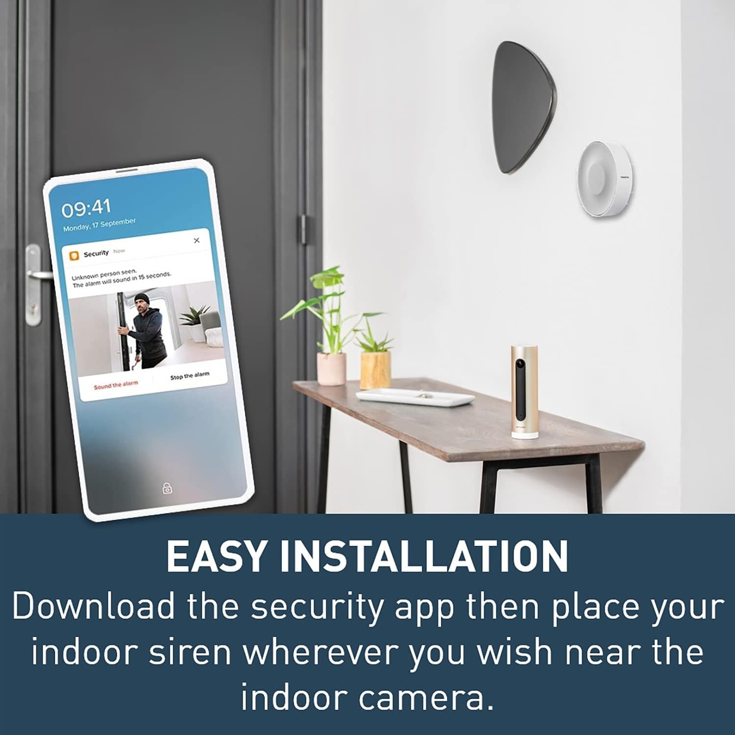 Smart Indoor Siren by , Wireless, 110 Decibal Siren, Auto Arm & Disarm, Batteries or Wire Powered, NIS01US