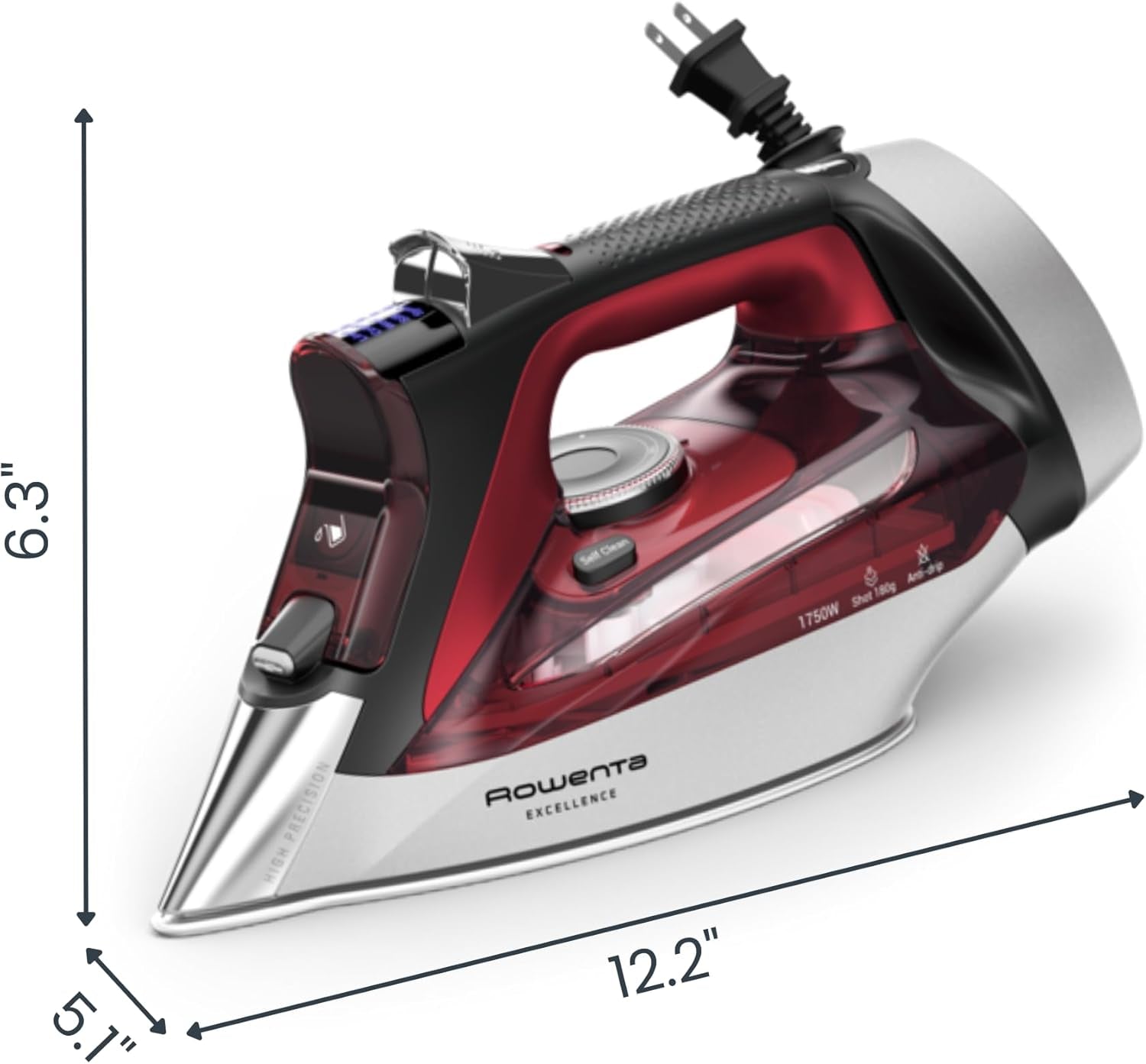 Iron, Focus Excellence Stainless Steel Soleplate Steam Iron for Clothes, Retractable Cord, 400+ Microsteam Holes, Powerful Steam, LED Display, 1750 W Ironing Clothes, Cordreel, Red DW5433