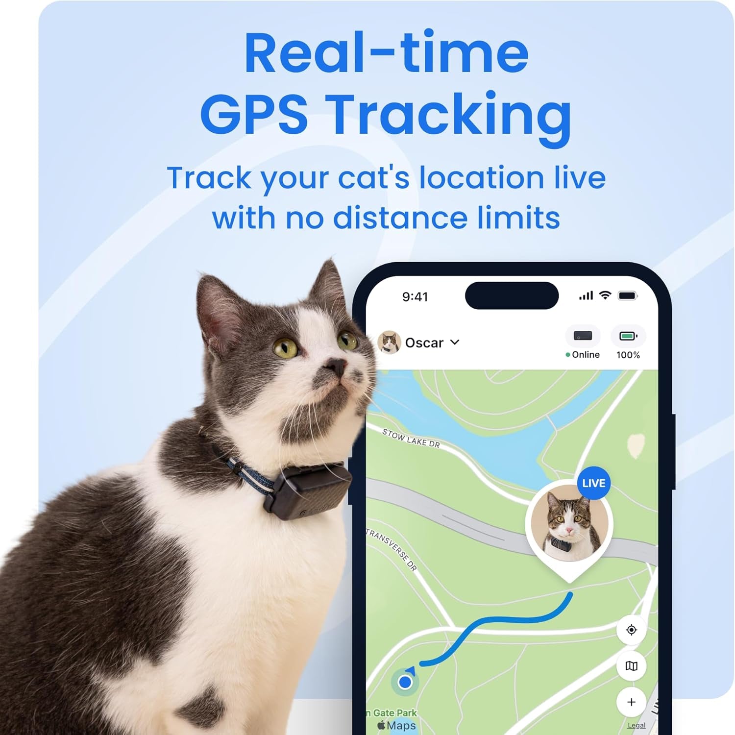 Smart Cat GPS Tracker | Real-Time Location & Wellness Monitoring for Cats 6.5 Lbs+ | Territory & Location History | up to 5-Day Battery | Breakaway Collar Included (Dark Blue)