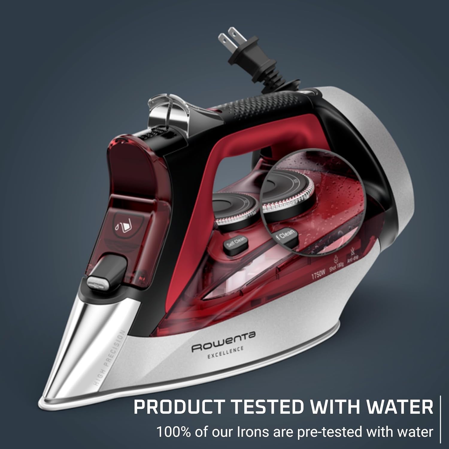 Iron, Focus Excellence Stainless Steel Soleplate Steam Iron for Clothes, Retractable Cord, 400+ Microsteam Holes, Powerful Steam, LED Display, 1750 W Ironing Clothes, Cordreel, Red DW5433