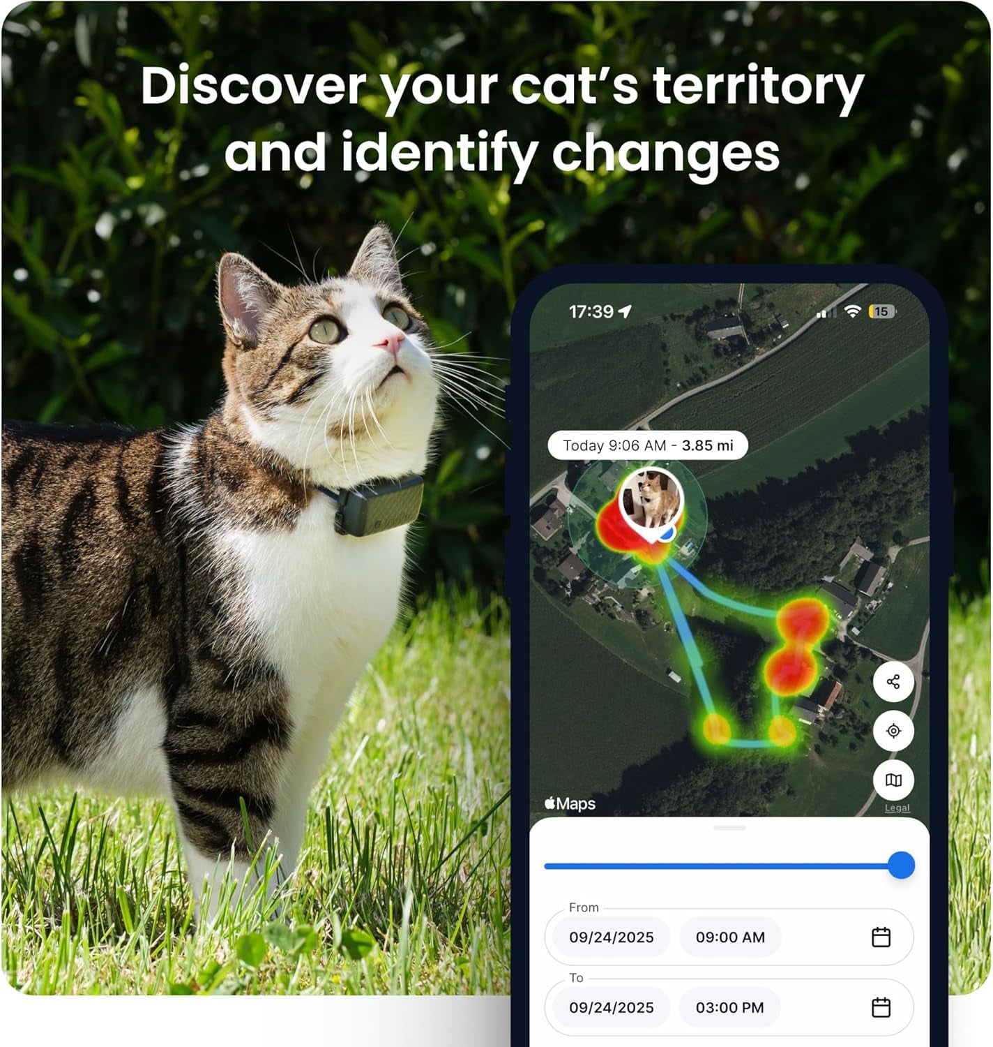 Smart Cat GPS Tracker | Real-Time Location & Wellness Monitoring for Cats 6.5 Lbs+ | Territory & Location History | up to 5-Day Battery | Breakaway Collar Included (Dark Blue)