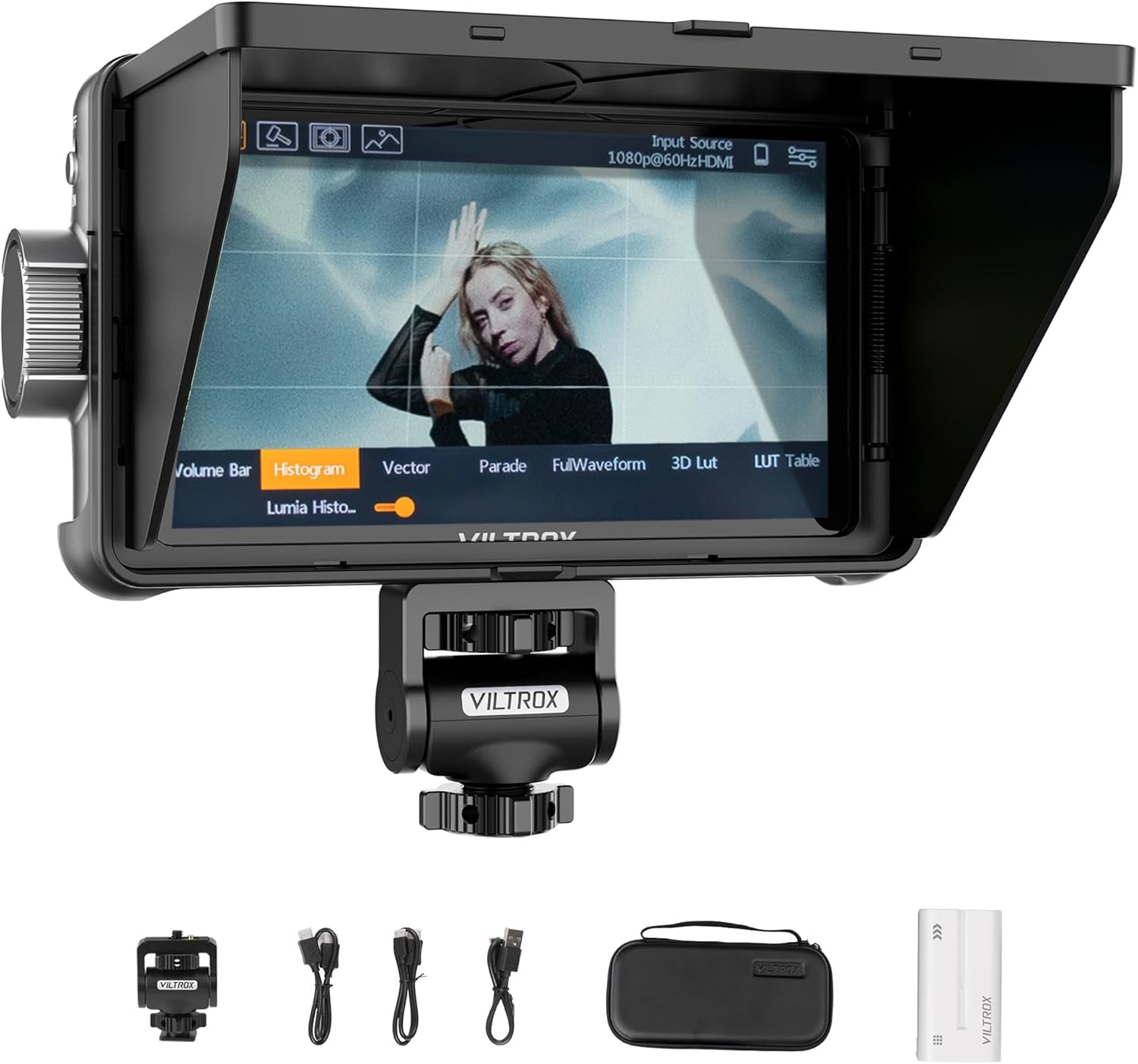 5.5 Inch 1200Nits 4Kp30 HDMI Video Field Monitor, 10Bit HDR Daylight Viewable 1920 X 1080 Portable Monitor Recorder, Hot Shoe Mount, Battery, Sunshine Hood