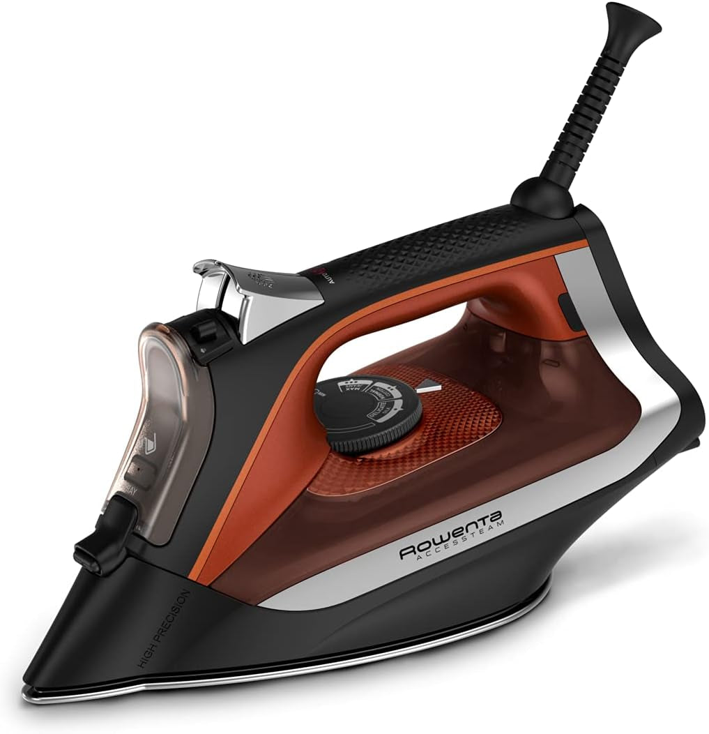 Access Stainless Steel Soleplate Steam Iron with Retractable Cord, Powerful Steam Diffusion, Auto-Off and Anti-Drip, 1725 Watts, Black Clothes Iron, DW2459