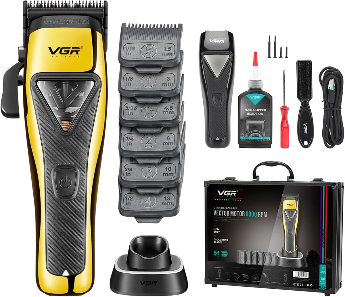 015 Professional Cordless Hair Clippers for Men, 9000 RPM Vector Motor Hair Trimmer Dlc-Blade Barber Clipper for Hair Cutting with Metal Body, 1 Modular Lid in Black, Travel Case (Copy)