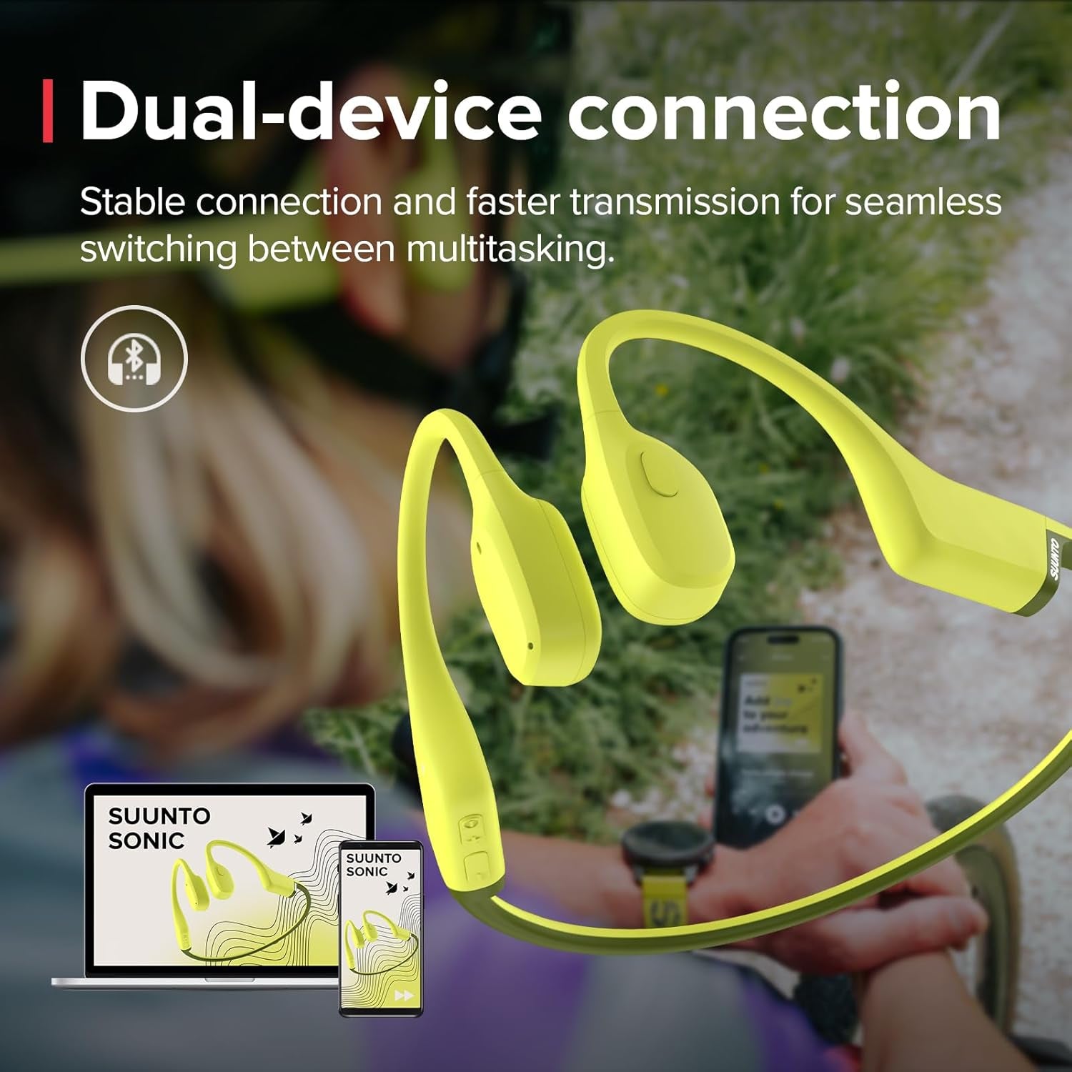 Sonic Open-Ear Bone Conduction Sports Headphone, Bluetooth Wireless Headset W/Enhanced Bass & Multipoint Connection, 10H Playtime W/Fast Charging, Built-In Dual Mics, Waterproof & Lightweight