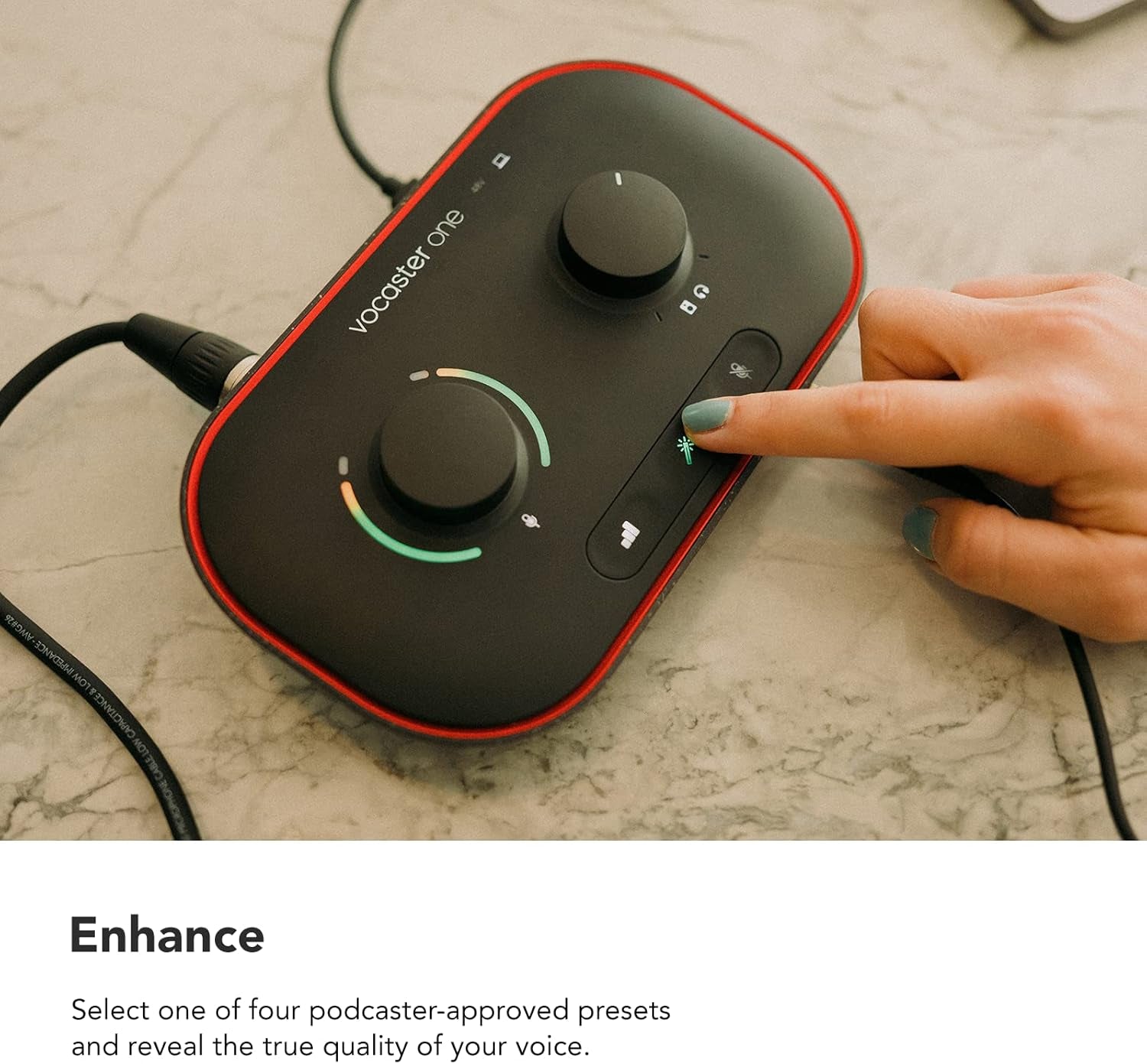 Vocaster One — Podcasting Interface for Recording as a Solo Creator. Use Auto Gain, Enhance, and Mute for Easy Podcasting. Small, Lightweight, and Powered by Computer