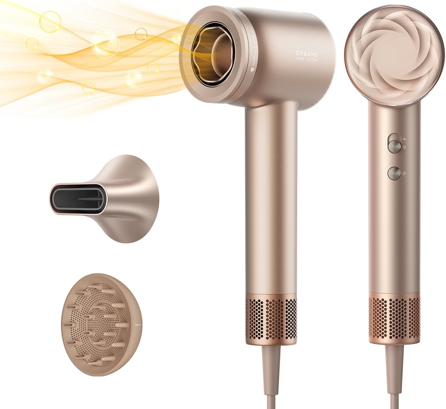 Glory Mix High-Speed Hair Dryer, Dual Voltage, 3 Magnetic Nozzles, Perfume Infusion, Customized Fragrant Drying, NTC Control, 300M Negative Lons, 110,000RPM Motor, 336G Lightweight, Gold