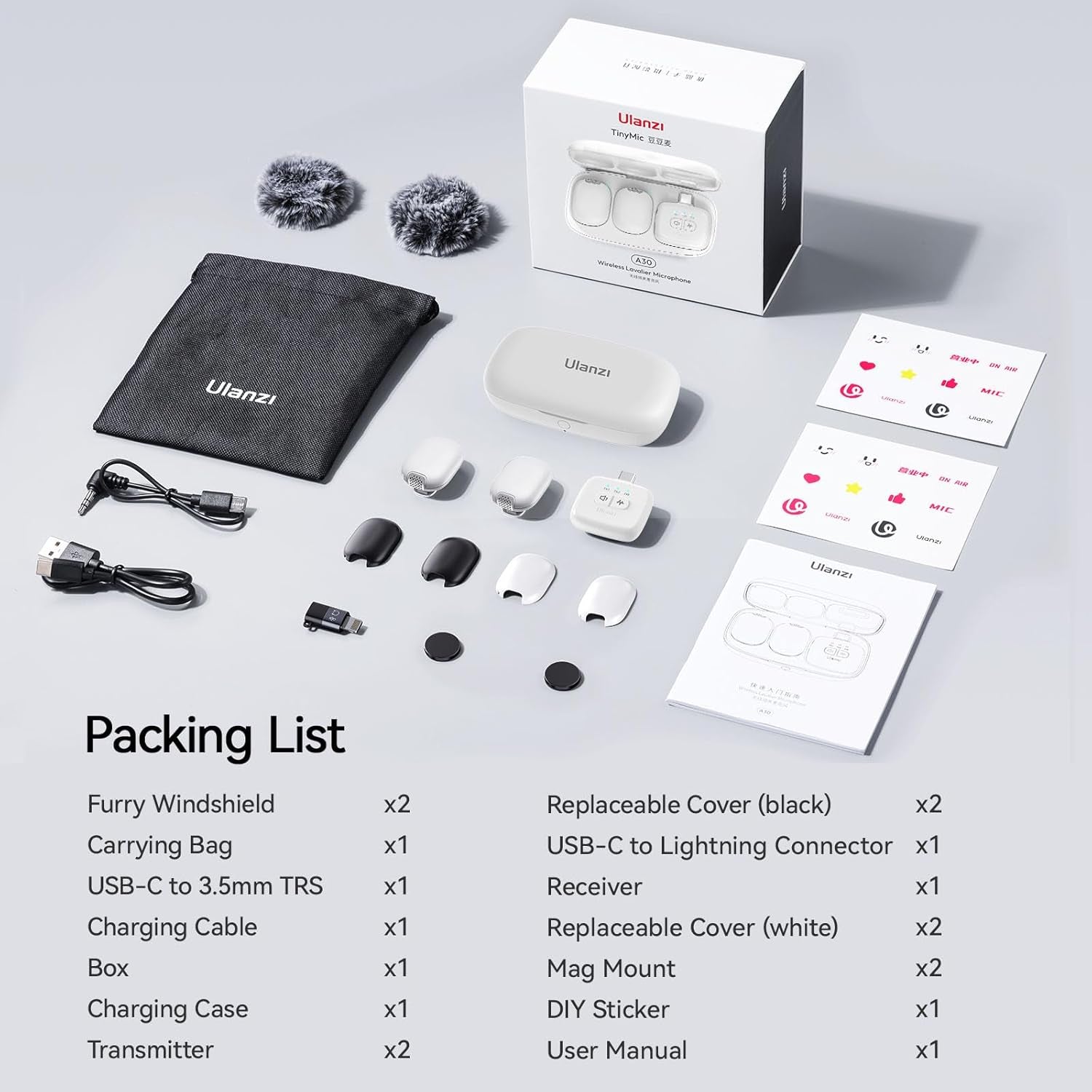 A30 Tiny Mic Magnetic (White), Wireless Lavalier Microphone Mini Size, Noise Cancellation, 164 Ft Range, 20H Battery Life, Lapel Microphone for Video Recording, DSLR, Iphones, Android, PC