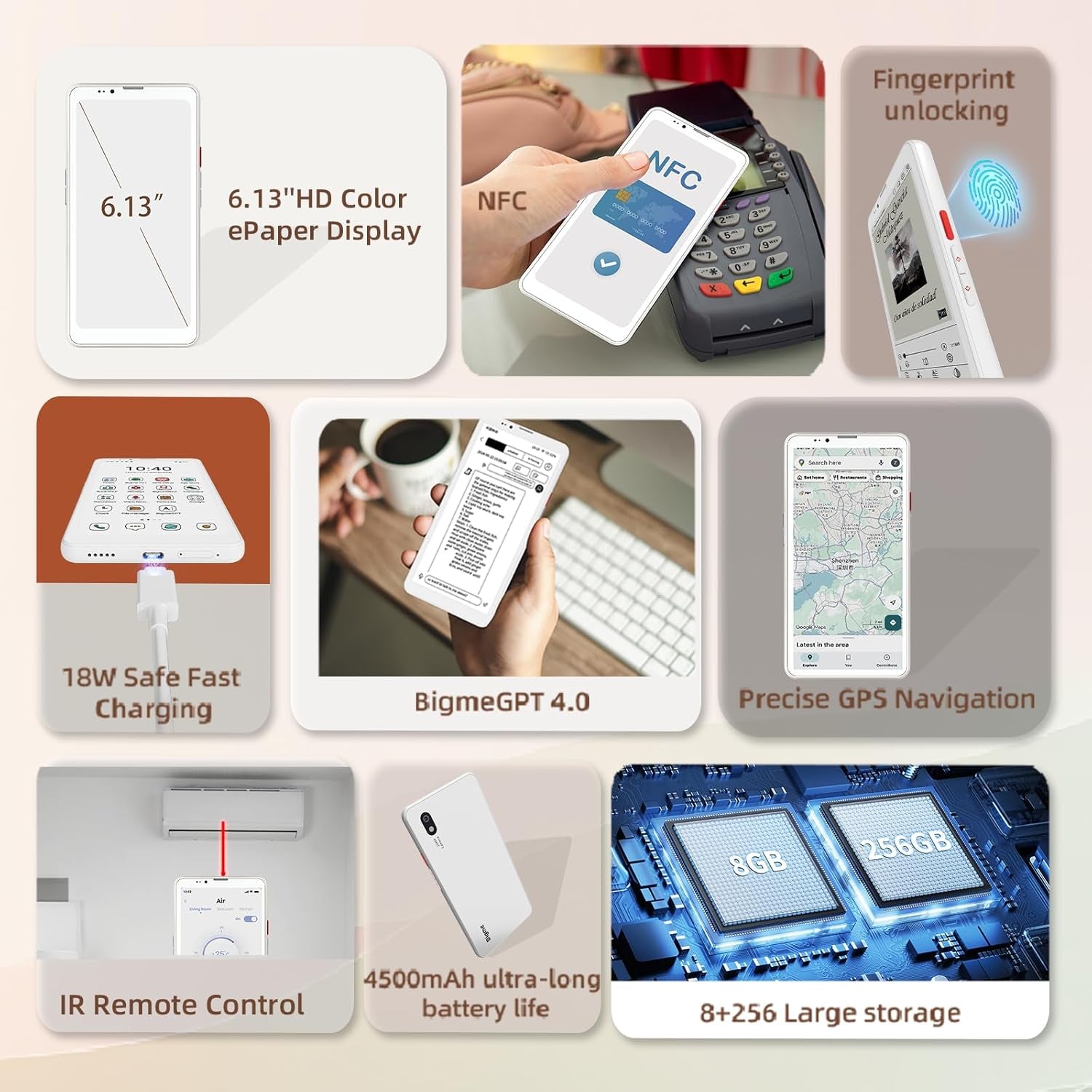 Hibreak Pro Color Epaper Phone, 8+256 GB 5G Smart Phone, Android 14 OS Ebook Reader, White (White)
