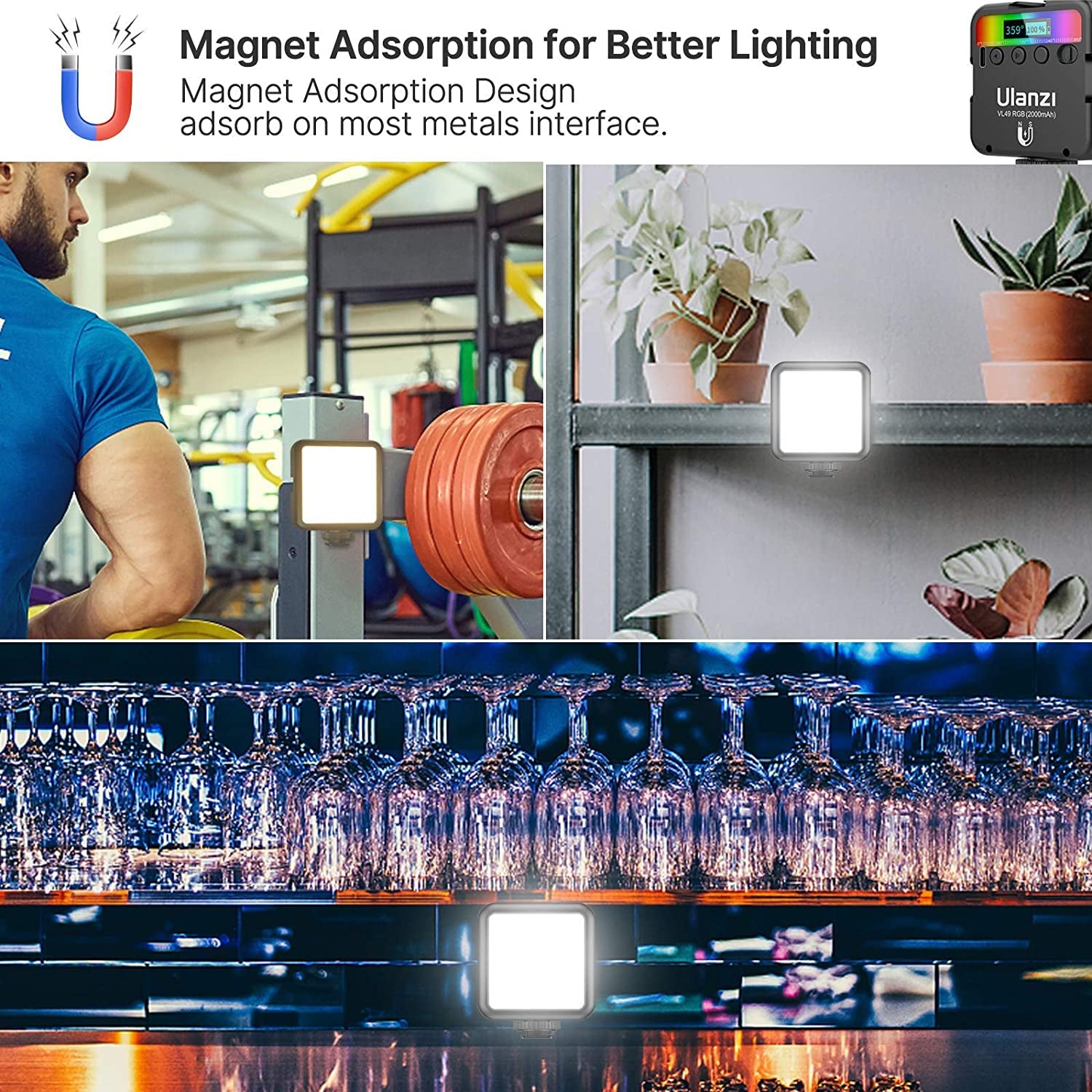 VL49 RGB Video Lights, LED Camera Light 360° Full Color Portable Photography Lighting W 3 Cold Shoe, 2000Mah Rechargeable CRI 95+ 2500-9000K Dimmable Panel Lamp Support Magnetic Attraction