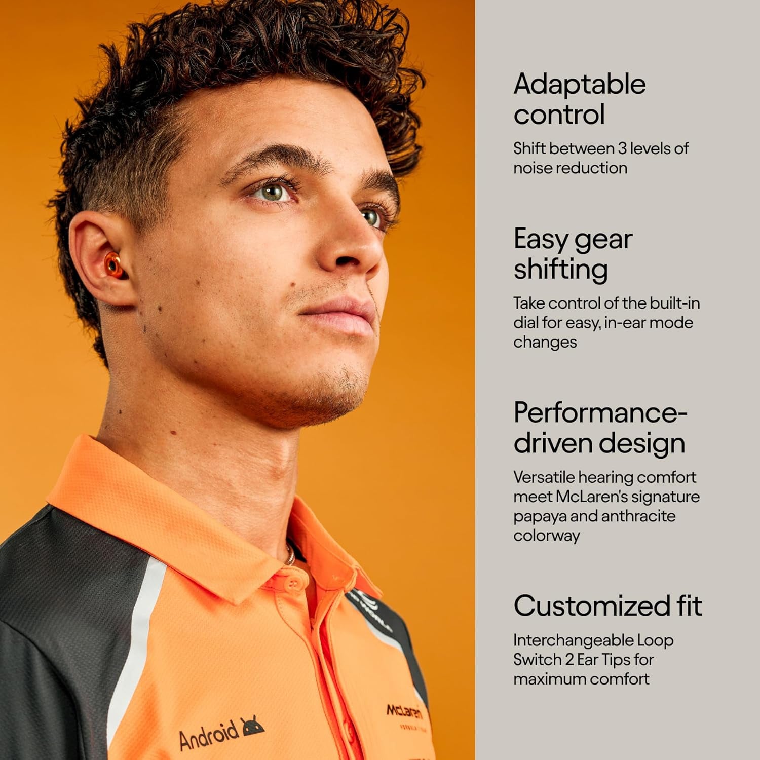 Mclaren Formula 1 Team X  Switch 2 Adjustable Earplugs – 3 Modes for Ultimate Control | Flexible Noise Reduction for Focus, Motorsports, Travel & More | 20-26 Db (SNR) Noise Reduction