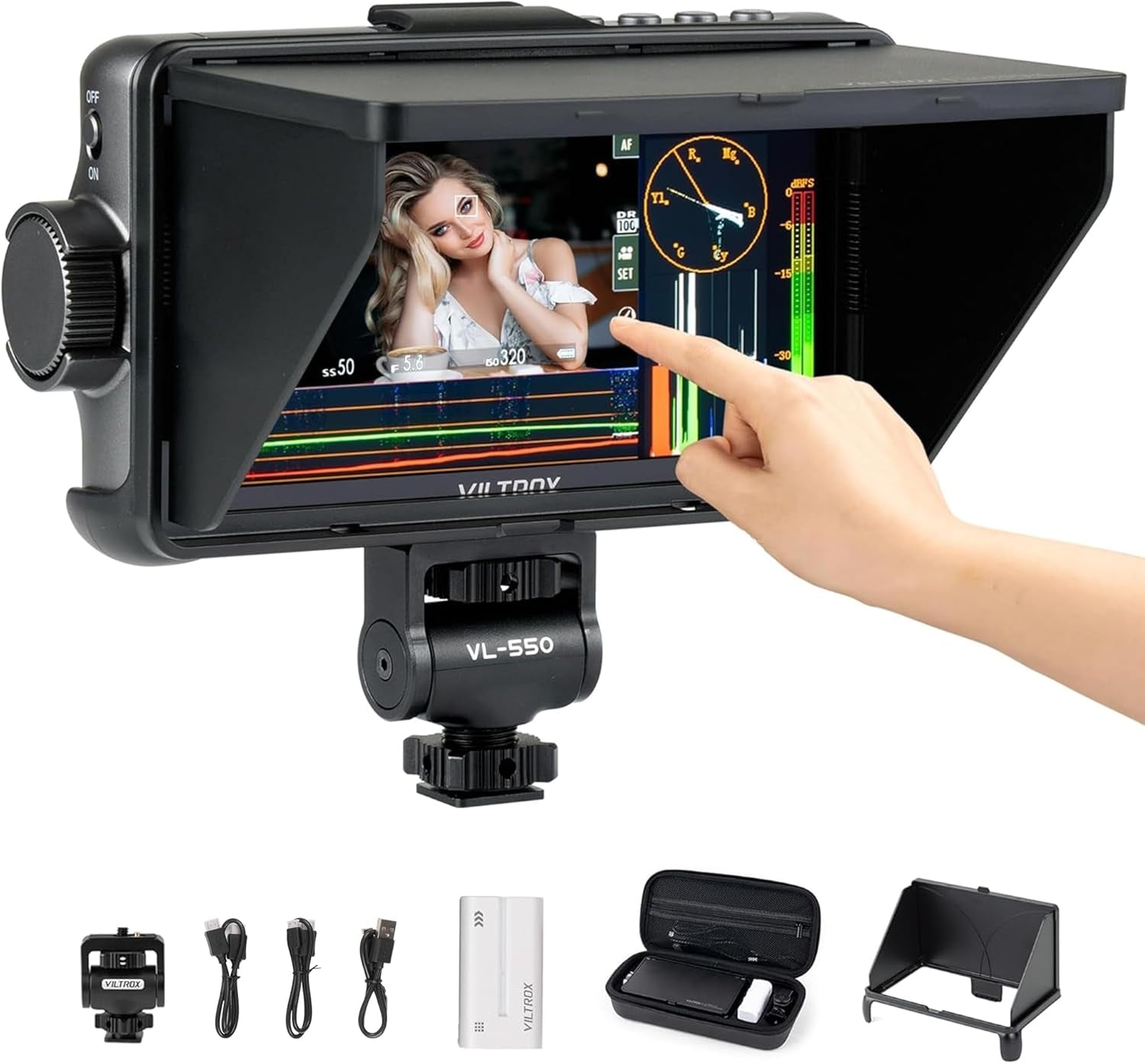 5.5 Inch 1200Nits 4Kp30 HDMI Video Field Monitor, 10Bit HDR Daylight Viewable 1920 X 1080 Portable Monitor Recorder, Hot Shoe Mount, Battery, Sunshine Hood