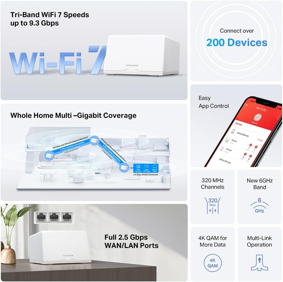 Wifi 7 Mesh Be9300Mbps Tri-Band Halo H47BE(2 Pack), Coverage up to 550 M², Connect up to 200 Devices, 3 Ports 2.5G, 320Mhz Channels, Easy App Control