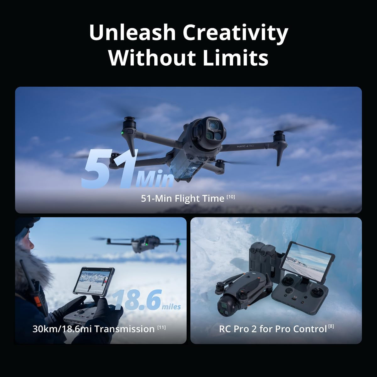 Mavic 4 Pro Drone with  RC 2, Flagship Tri-Camera Drone with 100MP 4/3 CMOS Hasselblad Camera, for Professionals, 30Km/18.6Mi Video Transmission, 51-Min Max Flight Time