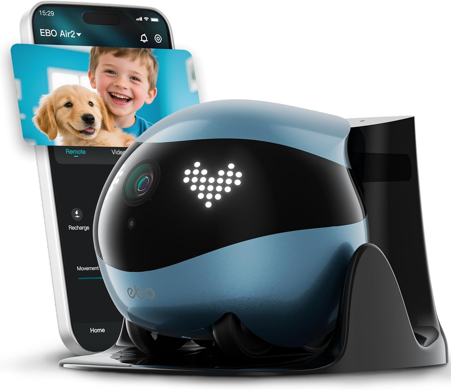 Air 2 Familybot Indoor Security Camera Robot: 2K Pet Camera, Movable Home Robot, Custom Facial Expression, Auto-Recharge, Battery-Operated, 2-Way Talk, Night Vision(Jay Blue)