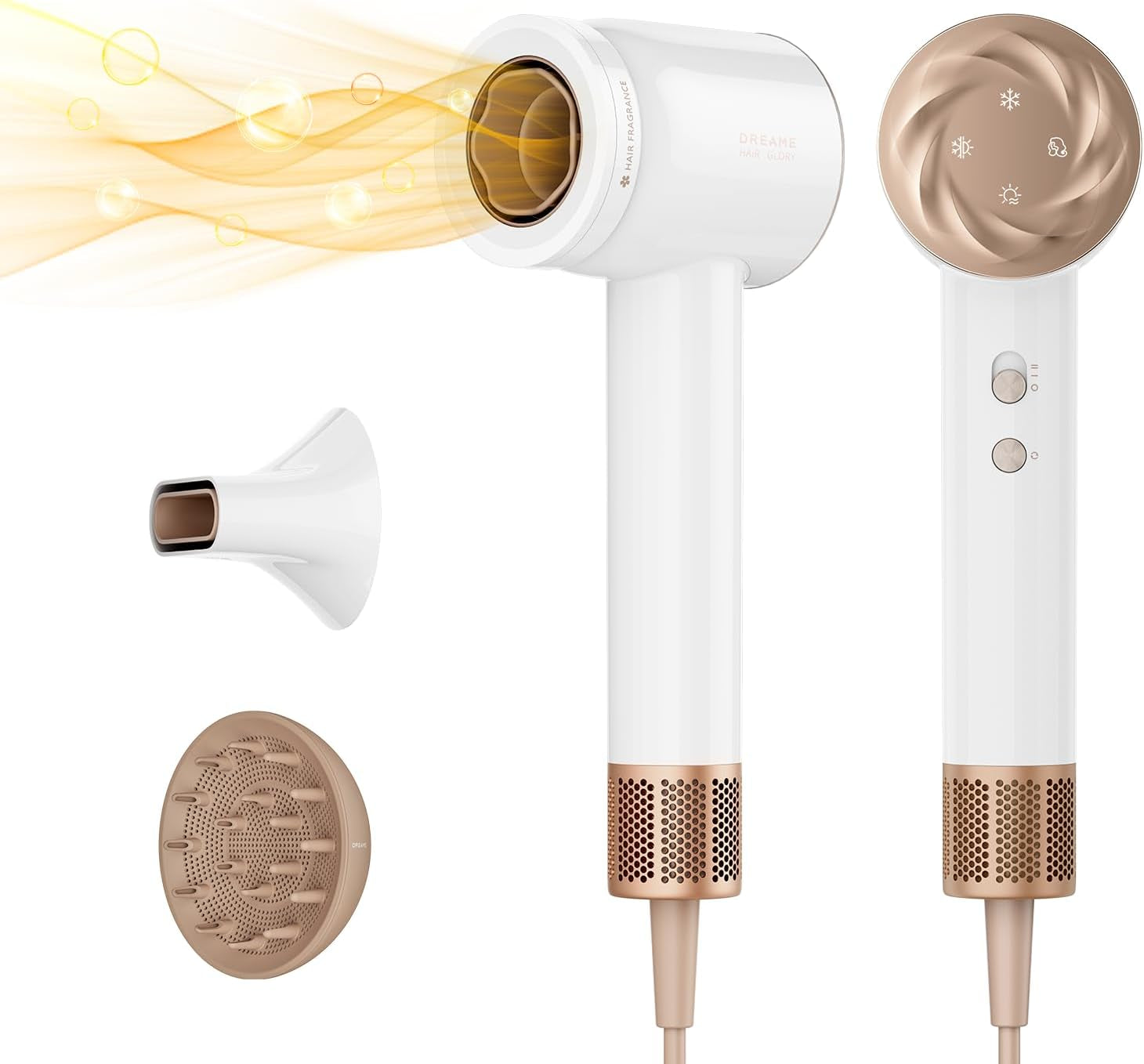 Glory Mix High-Speed Hair Dryer, Dual Voltage, 3 Magnetic Nozzles, Perfume Infusion, Customized Fragrant Drying, NTC Control, 300M Negative Lons, 110,000RPM Motor, 336G Lightweight, Gold