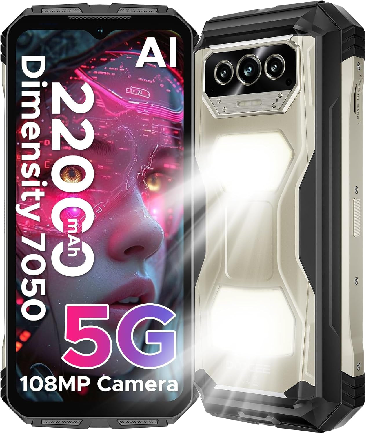 V Max S (2025) 5G Unlocked Rugged Phone,Dual Camping Lights,22000Mah Battery,Android 14,24GB+256GB/TF 2TB Rugged Smartphone,108Mp+16Mp,6.58”Fhd+120Hz IPS Screen,Dual Unlock/Nfc/Wifi6(Tarnish)