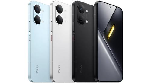 Smartphones POCO celeste, blanco y negro: vista trasera y pantalla frontal.