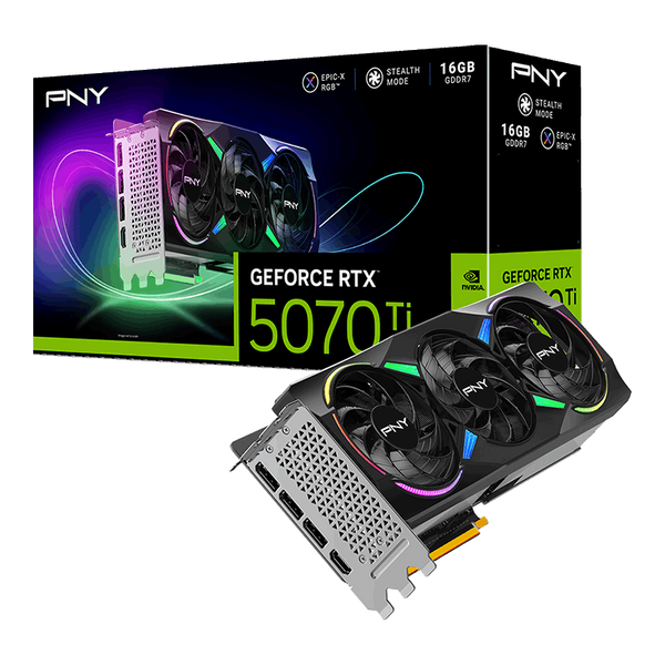 PNY GeForce RTX 5070Ti 16 GB ARGB com overclock e ventoinha tripla